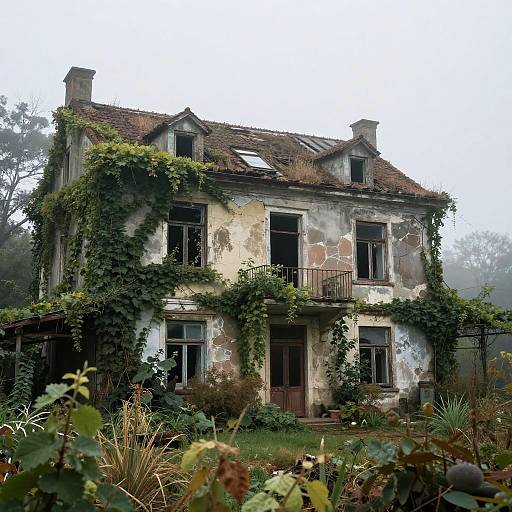 Photograph of an abandoned, two-story, Victorian-style house with overgrown vines, peeling white paint, and broken windows, surrounded by dense,