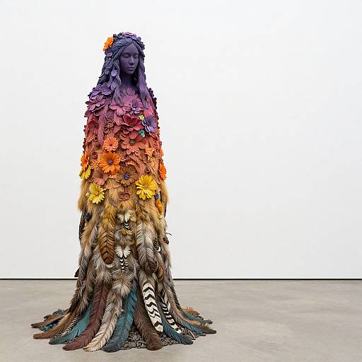 Vivid Woman Sculpture with Fur and Feathers