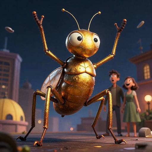 Whimsical Insect Caricature in Urban Night