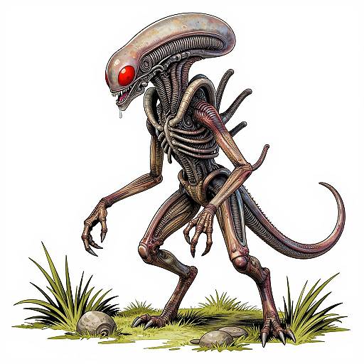 Digital drawing of a xenomorph-like creature with a sleek, black, segmented body, red eye, and ridged head, standing on grass with