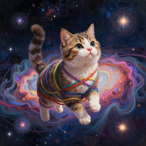 Digital artwork of a fluffy, blue-eyed kitten with brown and white fur, floating in space, adorned with colorful, swirling ribbons against a starry