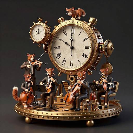 Photograph of an anthropomorphic fox orchestra on a vintage, gold clock, playing instruments, with a fox standing on top. Dark background.