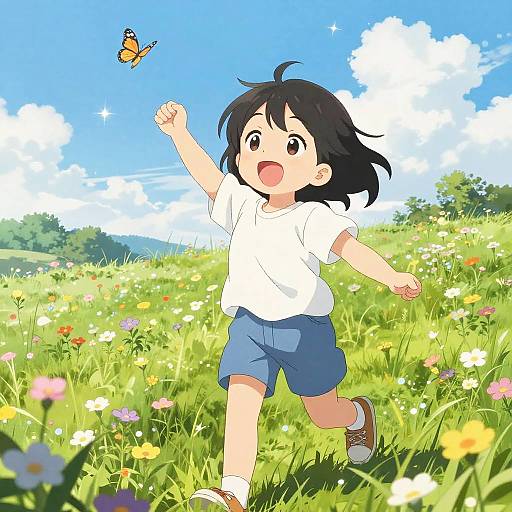 Anime-style drawing of a joyful black-haired child in white shirt and blue shorts, chasing a butterfly in a colorful meadow.