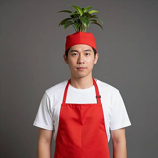 Photograph of an Asian male wearing a red hat with a green plant, red apron, and white shirt, against a dark gray background.