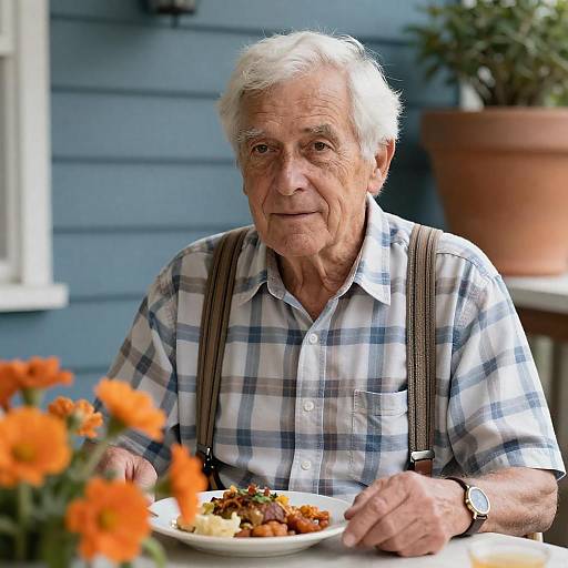 Elderly Man Sitting Outdoors with Plate of Food