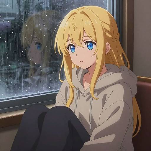 Digital anime-style drawing of a blonde girl with blue eyes, wearing a gray hoodie and black pants, sitting by a rainy window. Reflection of another girl