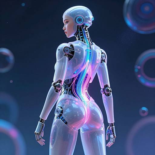 Digital artwork of a futuristic, glowing, female humanoid robot with neon blue and pink lights, standing with back turned, in a dark, space-like background