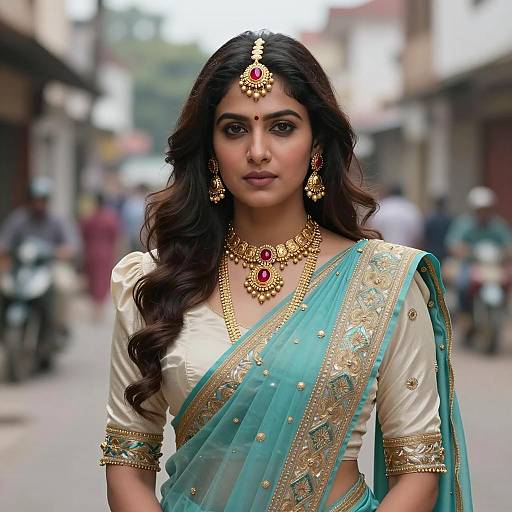 Elegant Indian Woman in Turquoise Sari