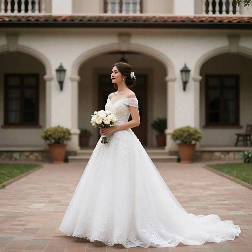 Photograph of a beautiful Asian bride in a white off-shoulder lace wedding gown, holding white roses, standing on a tiled patio in front of