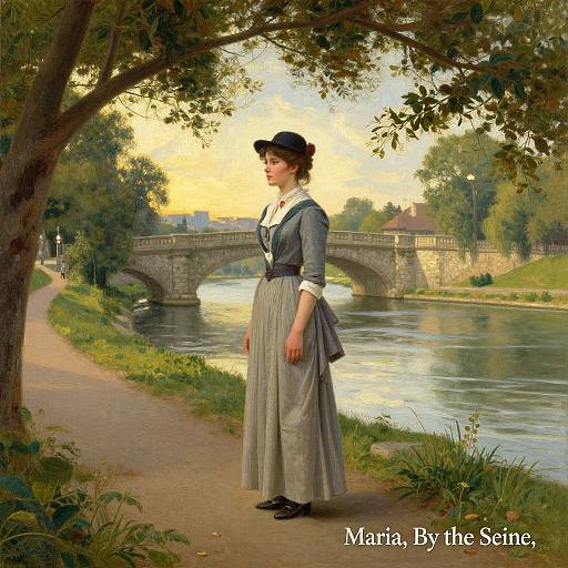 Oil painting of Maria by the serene river, wearing 19th-century attire, black cap, gray dress, standing on path, stone bridge background.