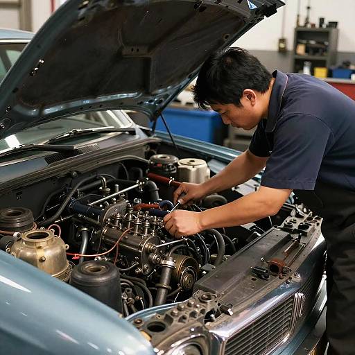 Mechanic Repairing Vintage Car Engine