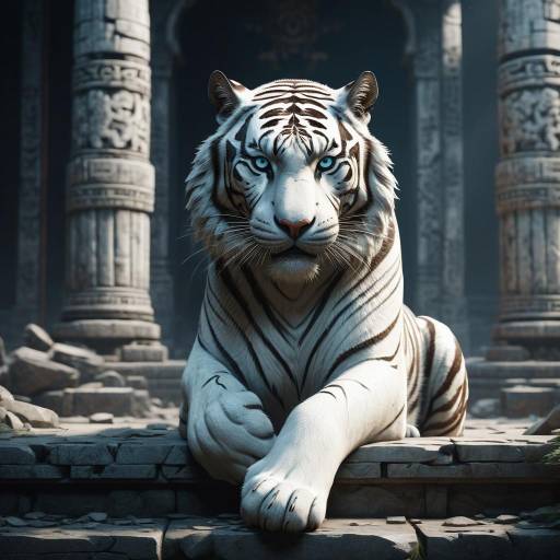 Mystical White Tiger in Ancient Temple Mystical White Tiger in Ancient Temple