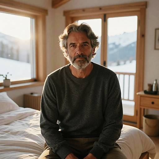 Photograph of a middle-aged man with grey hair and beard, wearing a dark sweater, sitting on a bed in a sunlit, wooden cabin with