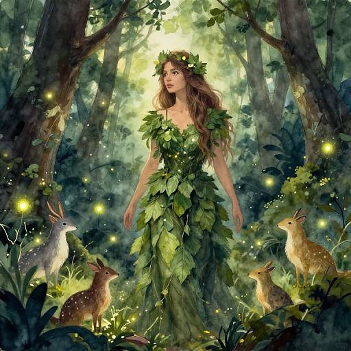 Digital fantasy artwork of a green leaf dress wearing woman with a leaf crown, surrounded by glowing fireflies and deer in a luminous forest.