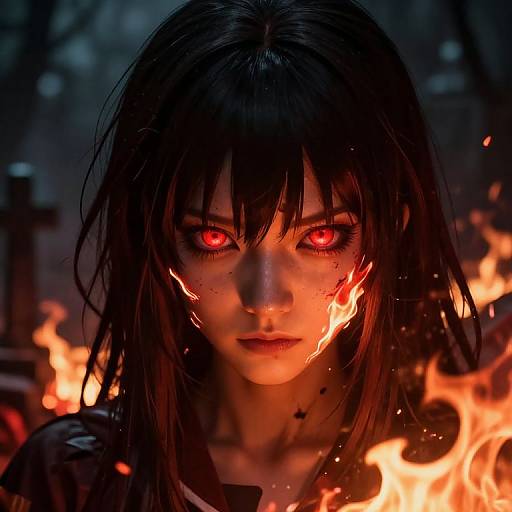 Cinematic Fiery Portrait with Neon Eyes