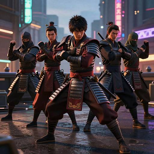 Digital art of five samurai warriors in neon-lit city street, wearing armor, red sashes, and black masks, striking dynamic fighting stances