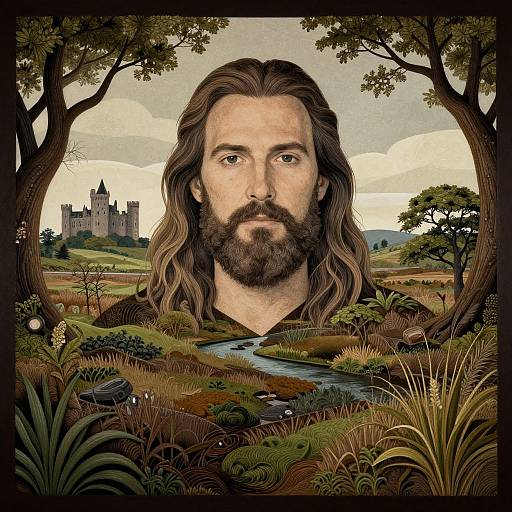 Digital artwork of a bearded, long-haired man with intense eyes, framed by trees, overlooking a castle, river, and lush landscape.