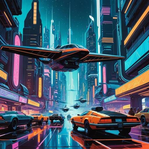 Futuristic City with Flying Cars and Neon Lights