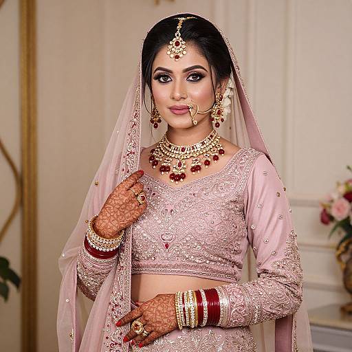 Photograph of a beautiful South Asian bride in a pink lace lehenga with intricate embroidery, adorned with gold jewelry and red bangles, standing in an