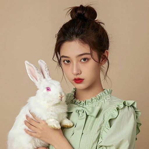 Young Woman with Rabbit in Pastel Colors