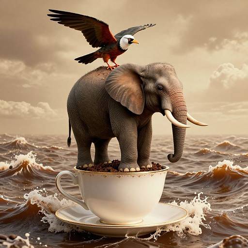 Photorealistic digital artwork of an elephant standing in a white teacup on ocean waves, with a bird perched on its back. Golden sunset