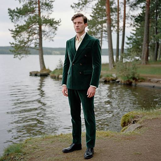 Photograph of a young man in a dark green velvet blazer, white shirt, and black pants standing by a lakeside with tall pine trees in