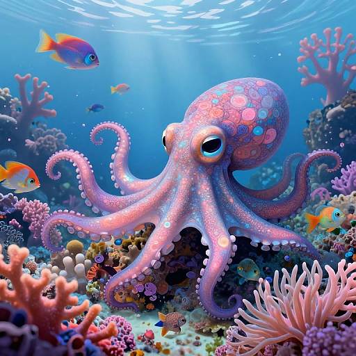 Vibrant digital illustration of a pink and purple octopus with large, expressive eyes, surrounded by colorful fish and coral in a sunlit underwater scene