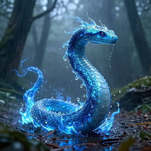 Digital artwork of a glowing blue dragon with water droplets, standing in a rainy forest. The dragon's fiery blue tail and body contrast with the dark