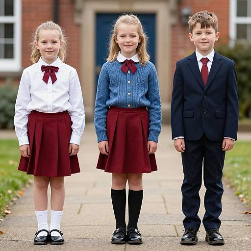 Photograph of three children standing in a row on a path; two girls in white shirts, red skirts, and blue cardigans, one boy in