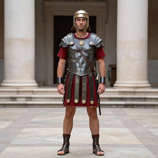 Photograph of a man in ancient Roman soldier costume: metal helmet, chest plate, red tunic, black leather skirt, sandals, standing before marble