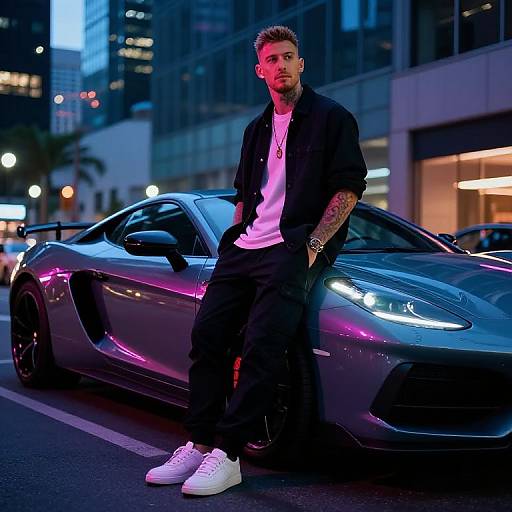 Photograph of a tattooed man in black jacket, white tee, and white sneakers, leaning on a neon-lit purple sports car in a city
