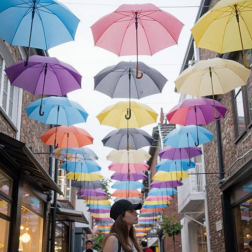 Photograph of a colorful alleyway with hanging umbrellas in blue, purple, pink, yellow, and rainbow stripes above brick buildings. A woman in
