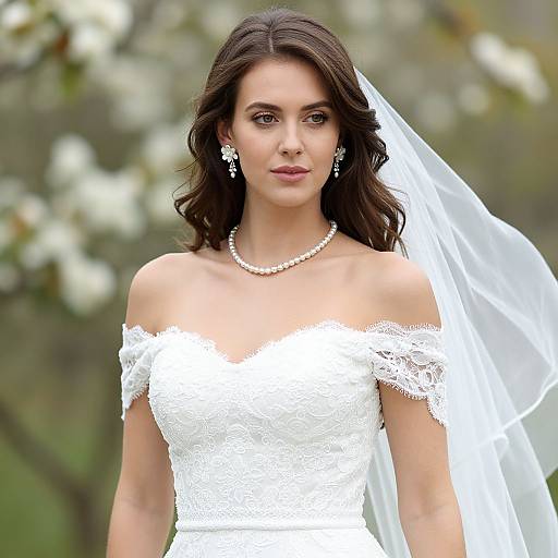 Photograph of a beautiful brunette bride in an off-shoulder white lace wedding dress, pearl necklace, dangling earrings, and white veil, with a