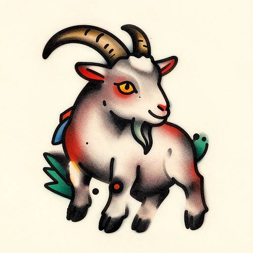 Colorful digital drawing of a stylized goat with curved black horns, bright orange eyes, white and gray fur, red highlights, and green tail tu