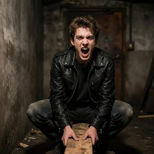 Young Man Shouting in Grimy Basement