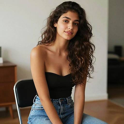 Photograph of a young woman with long, wavy dark hair, wearing a black strapless top and high-waisted blue jeans, sitting on