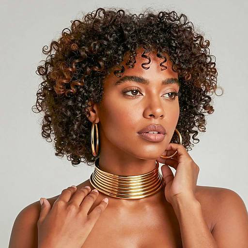 Portrait of Woman with Curly Hair and Gold Jewelry