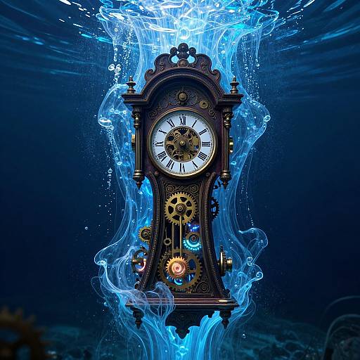 Photograph of a vintage, ornate, black clock with gold gears and blue glowing, ethereal flames surrounding it against a dark blue background.