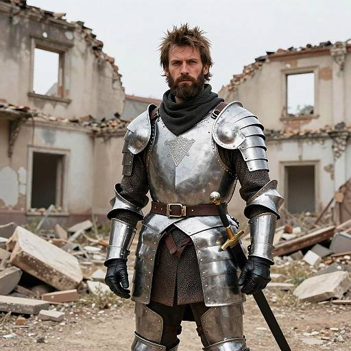 Photograph of a bearded, muscular man in silver medieval armor with a black scarf, standing in a ruined, rubble-filled building.