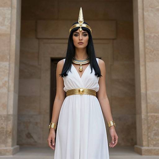 Photograph of a woman with long black hair, wearing a white dress, gold headpiece, and jewelry, standing in a stone archway.