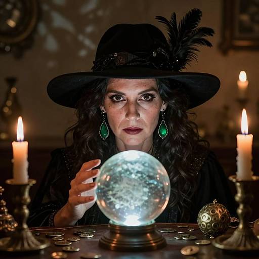 Photograph of a woman in a black hat with a feather, green earrings, and dark makeup, holding a glowing snow globe, surrounded by candlelight
