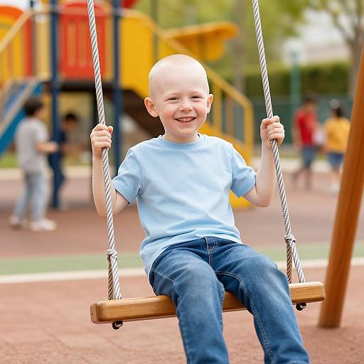 Photograph of a smiling, bald, young boy in a light blue shirt and blue jeans, sitting on a wooden swing in a colorful playground. Bl
