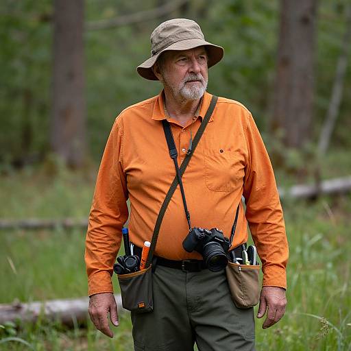 Photograph of an older white man with gray beard, wearing an orange shirt, khaki hat, and camera gear, walking in a forest.