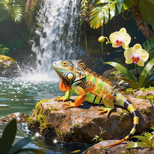 Bright Iguana Sunbathing in Tropical Garden