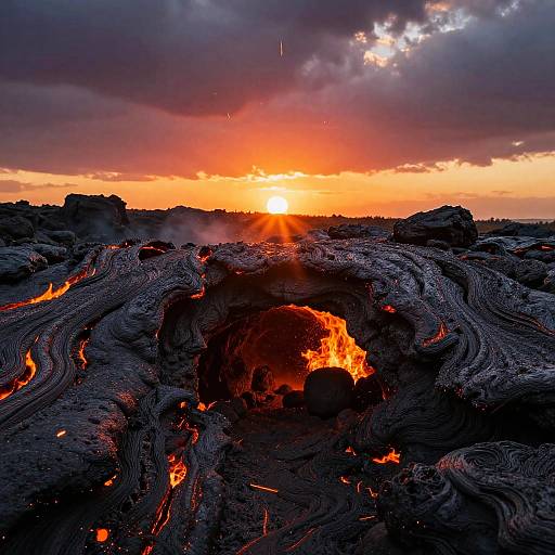 Photograph of a dramatic volcanic landscape at sunset, featuring glowing orange lava flows through dark, cracked earth, with intense sunlight and dark clouds in the background