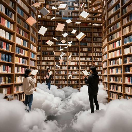 Photograph-like digital art of three silhouette figures standing in a library with floating books, surrounded by clouds on the floor.