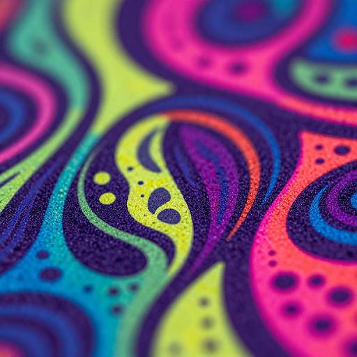 Vibrant abstract digital art featuring swirling patterns in neon yellow, pink, blue, green, and purple on a dark speckled background.