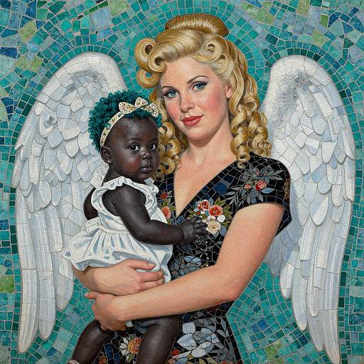 Digital painting of a blonde woman with curly hair, white angel wings, and floral dress, cradling a dark-skinned baby in a white dress