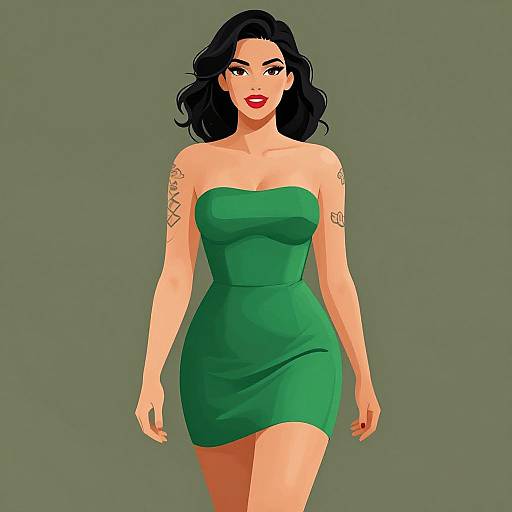Confident Woman in Green Dress Illustration