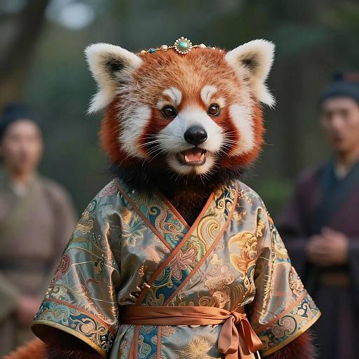 Regal Anthropomorphic Red Panda in Embroidered Robe